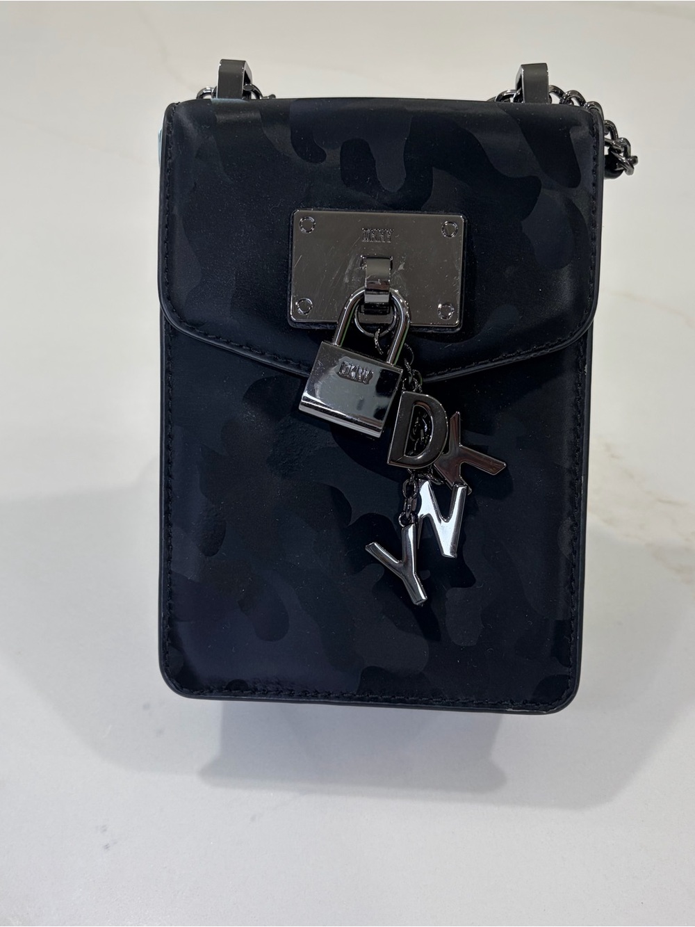 DKNY Black Camouflage Crossbody Phone Pouch with Lock Charm